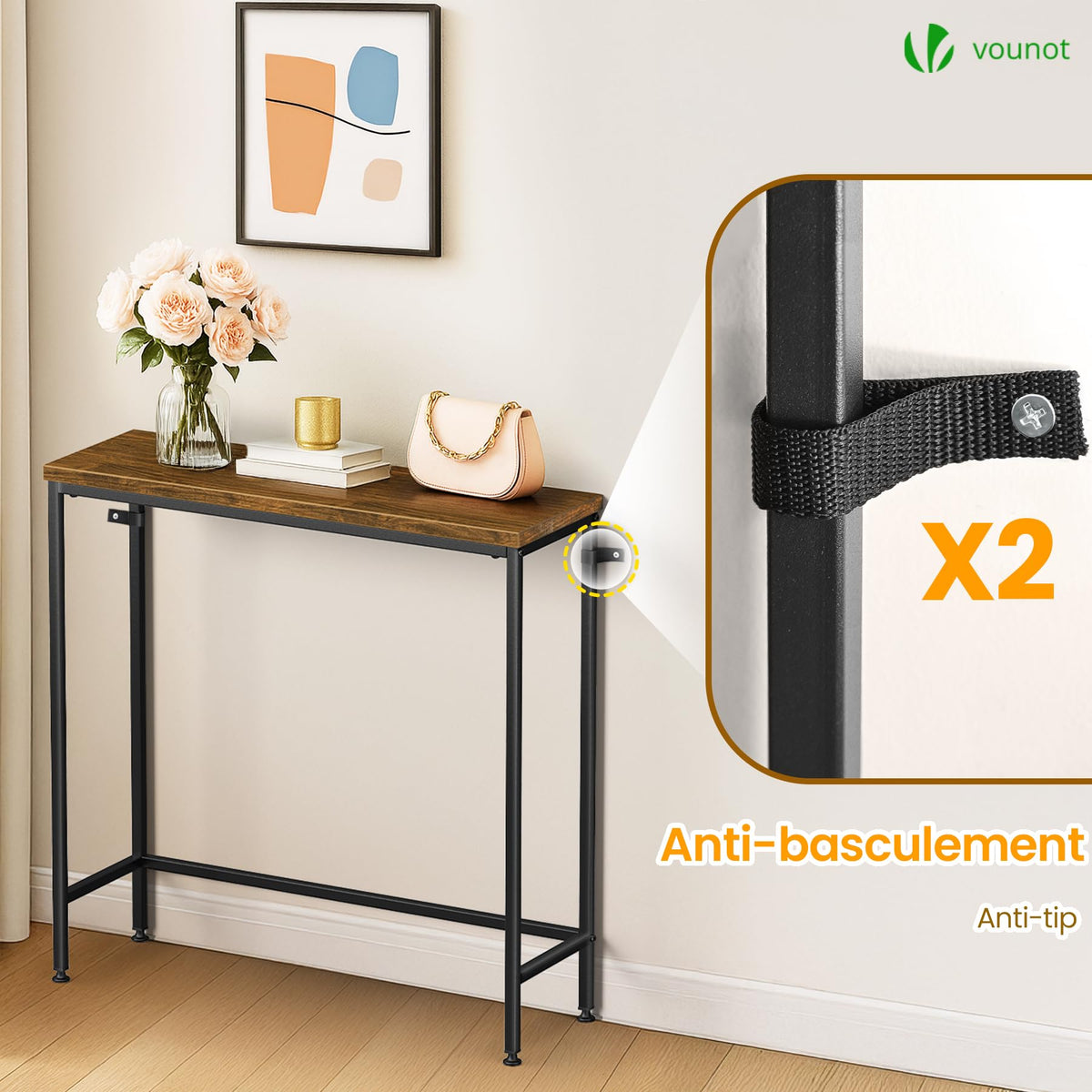 VOUNOT® Slim Console Table, Metal Frame Entryway Table, Small Sofa Side Table for Hallway, Living Room or Bedroom, 75x24x75 cm, Brown