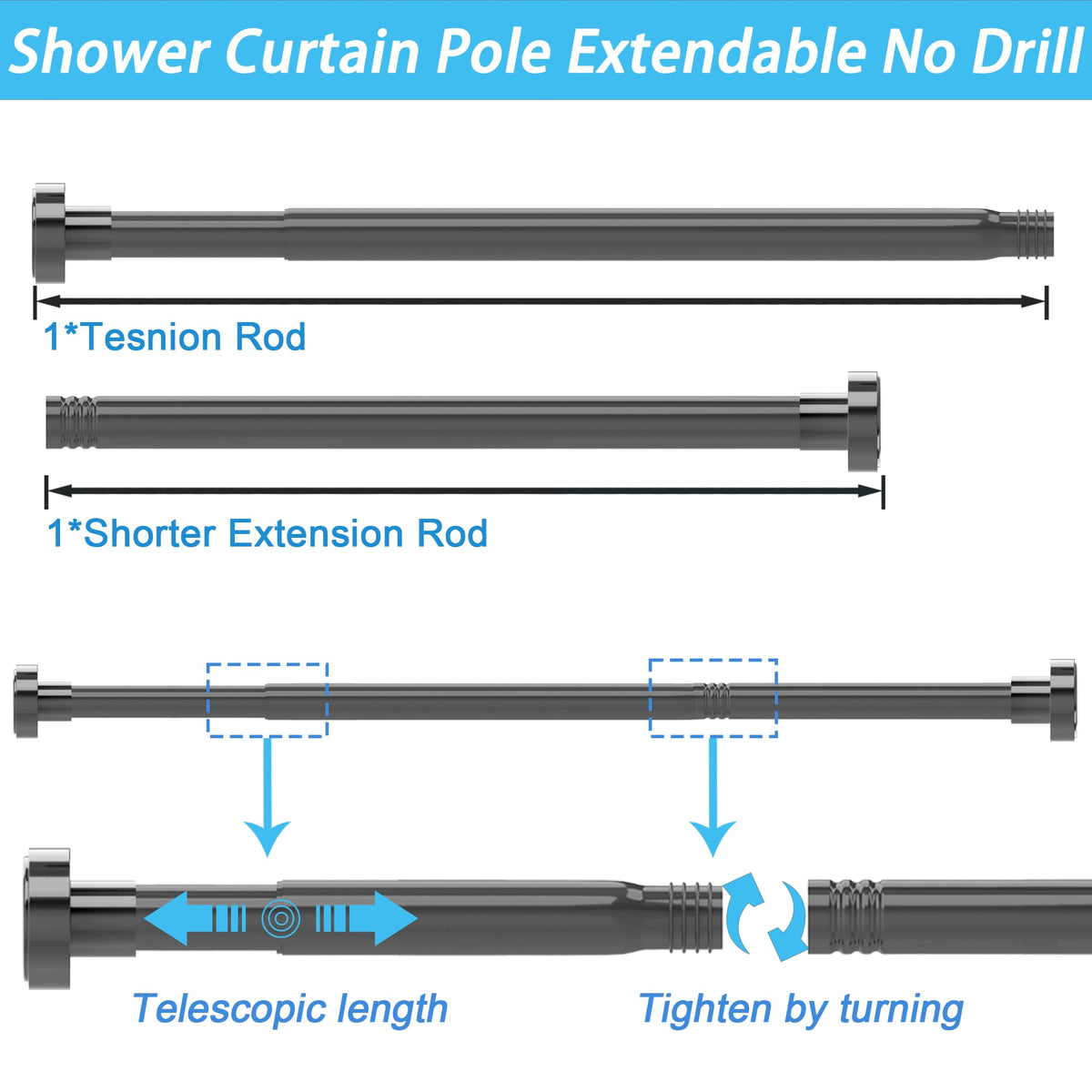 Tension Rods for Curtains Stainless Steel Shower Curtain Pole No Drill Curtain Pole Shower Poles Extendable No Drill for Bathroom, Window, Door