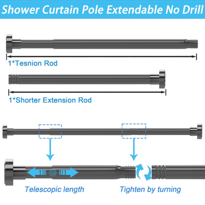 Tension Rods for Curtains Stainless Steel Shower Curtain Pole No Drill Curtain Pole Shower Poles Extendable No Drill for Bathroom, Window, Door