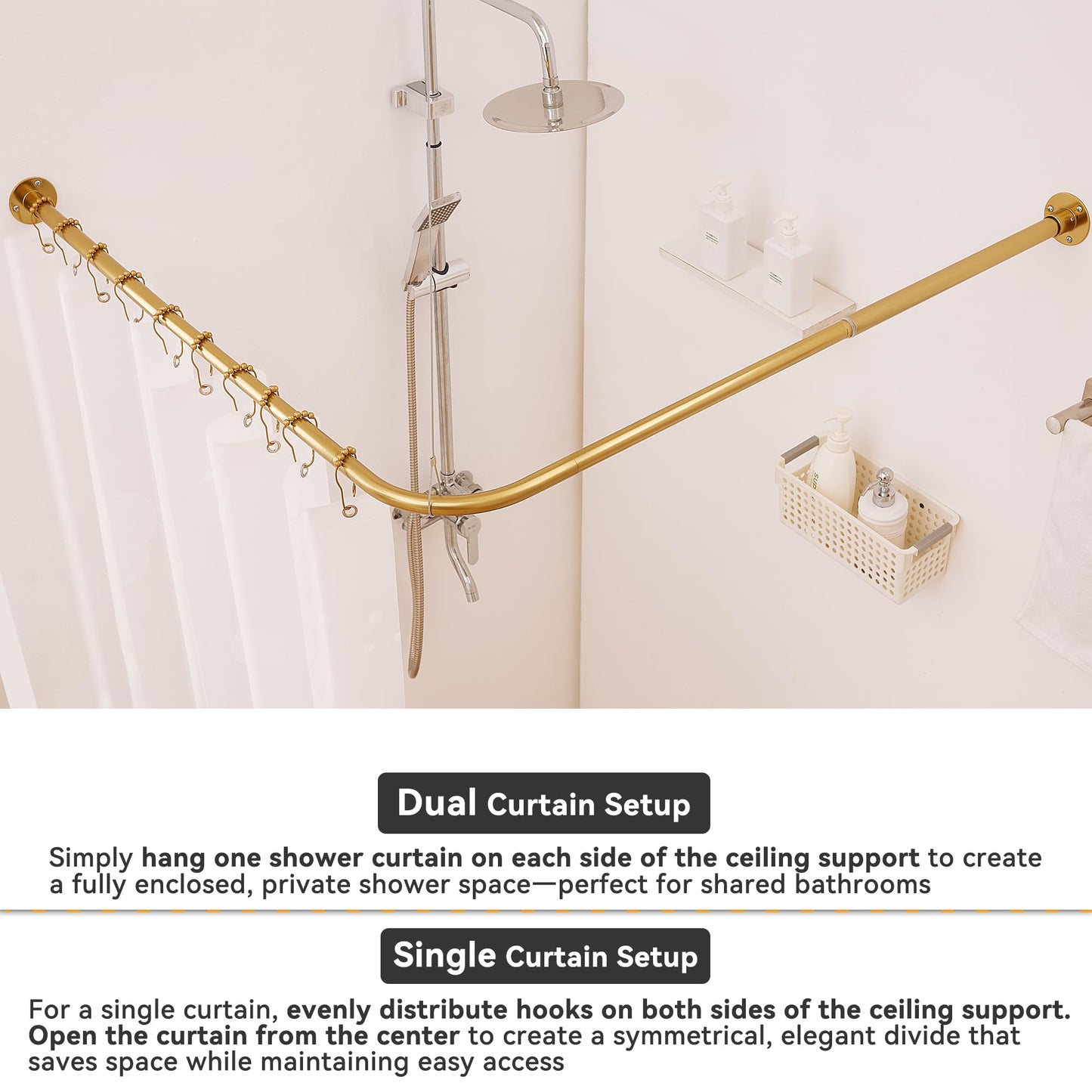 Mirooyu L Shaped Corner Shower Curtain Rail, [60-132 cm] x [60-132 cm] Heavy Duty 90 Degree Adjustable Shower Pole Rod for Bathroom