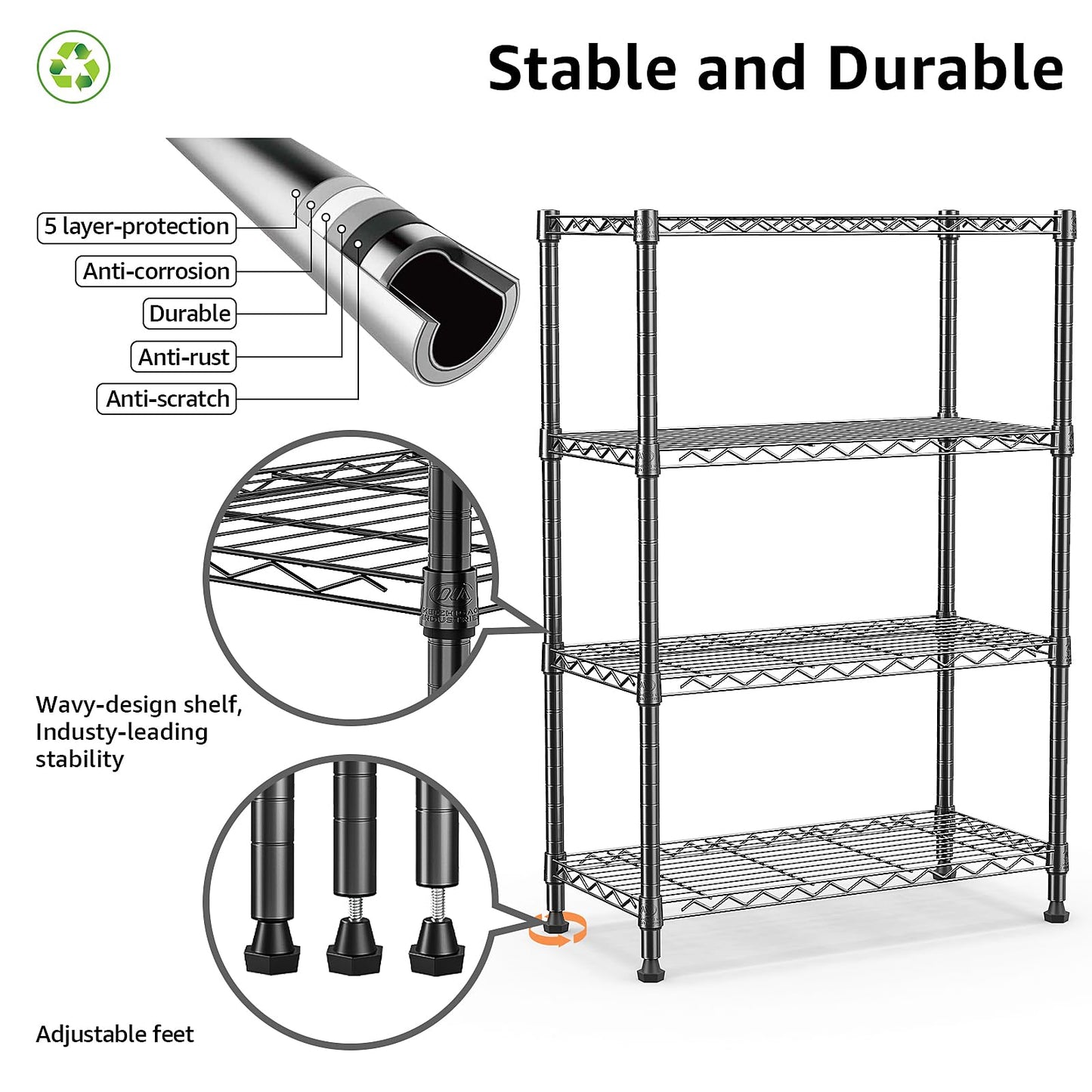M MZG Height Adjustable Shelves,Heavy Duty Wire Pantry Shelving for Tool Sheds, Garage, and Storehouse,Metal,Black,4 tier 35 x 75 x 120.7 cm