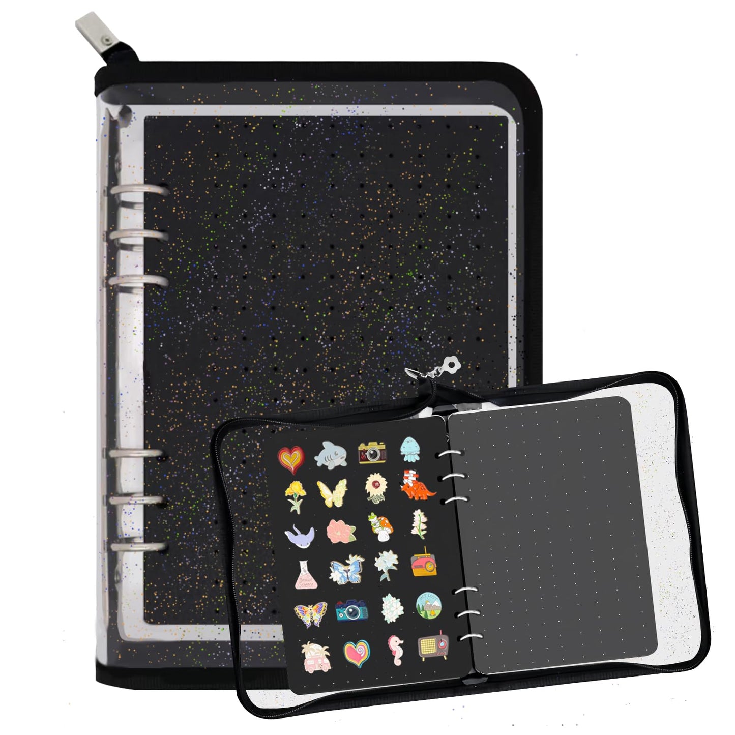 Huakaile 8.26" x 5.91" Black Enamel Pin Display Book, Pin Trading Binder Album with 6 Page Felt Boards, 6 Clear Dividers & Protective Cover