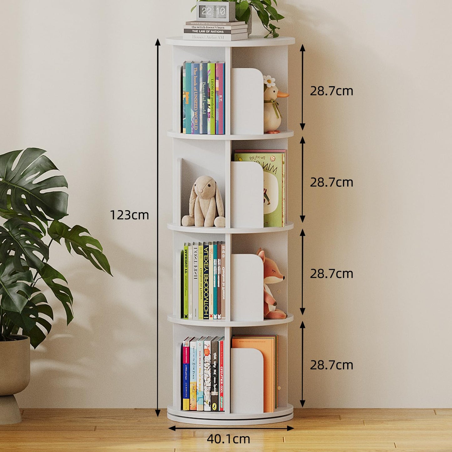 WEMANER 4-tier Rotating Kids Bookshelf, Wooden 360° Small Corner Revolving Spinning Bookcase