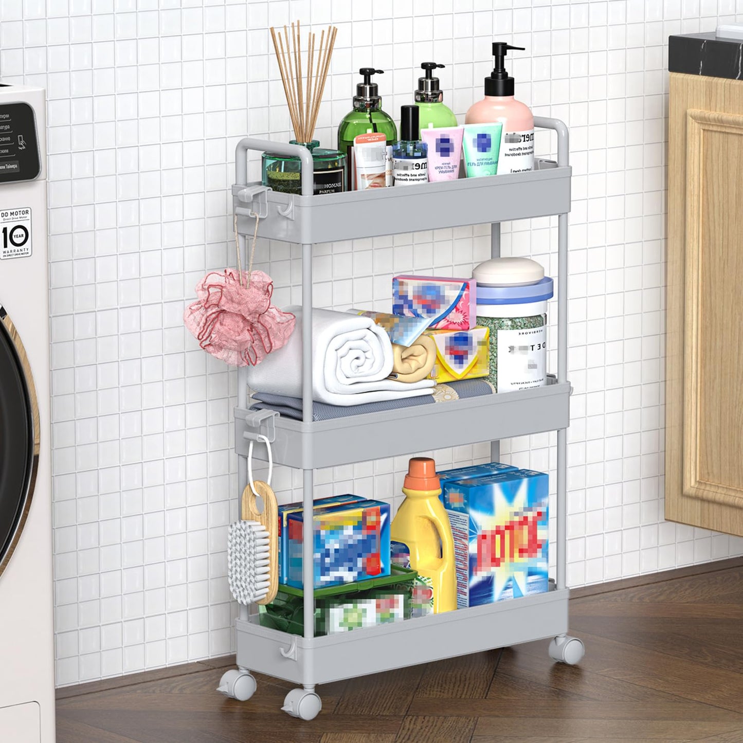 SOLEJAZZ 3-Tier Storage Trolley Cart Slide-out Slim Rolling Utility Cart Mobile Storage Shelving Organizer for Kitchen, Bathroom, Laundry Room