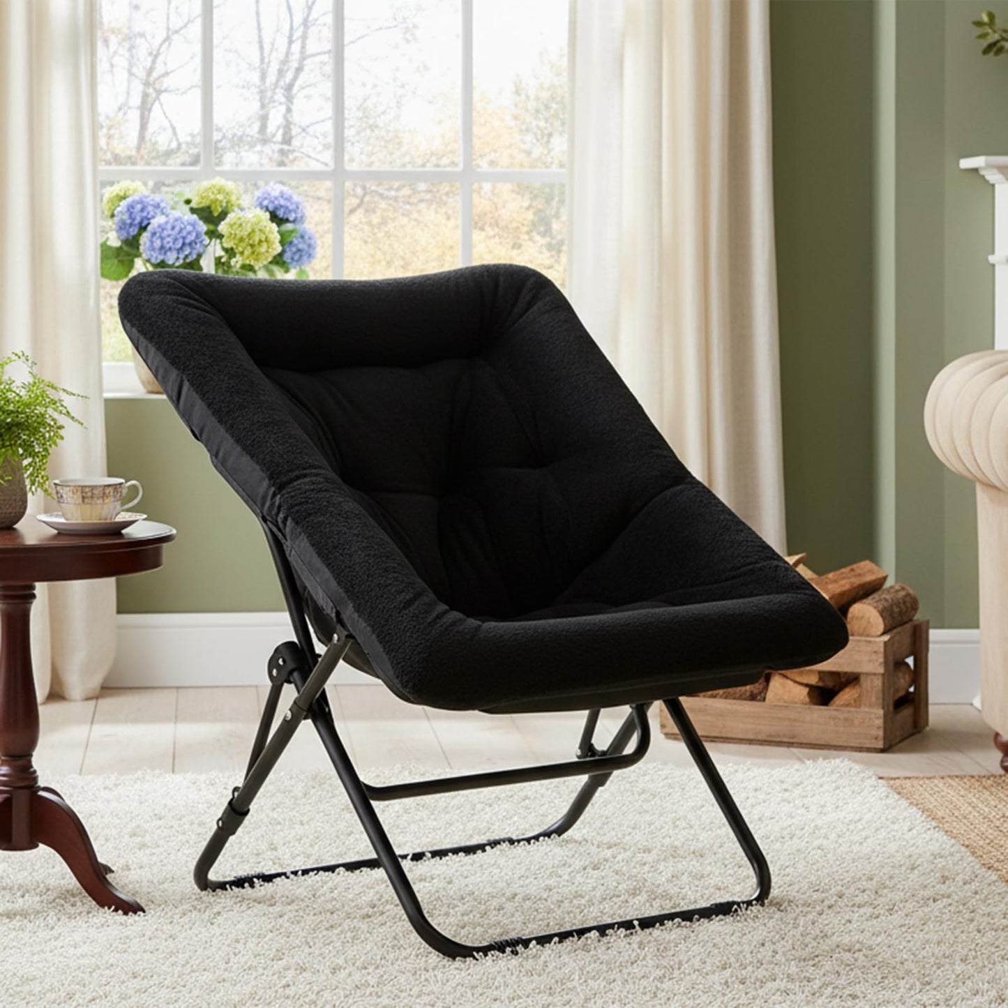 SESHINELL Comfy Saucer Chair, Oversized Foldable Faux Fur Accent Lounge Reading Lazy Chair with Metal Frame for Bedroom, Living Room, Dorm Rooms