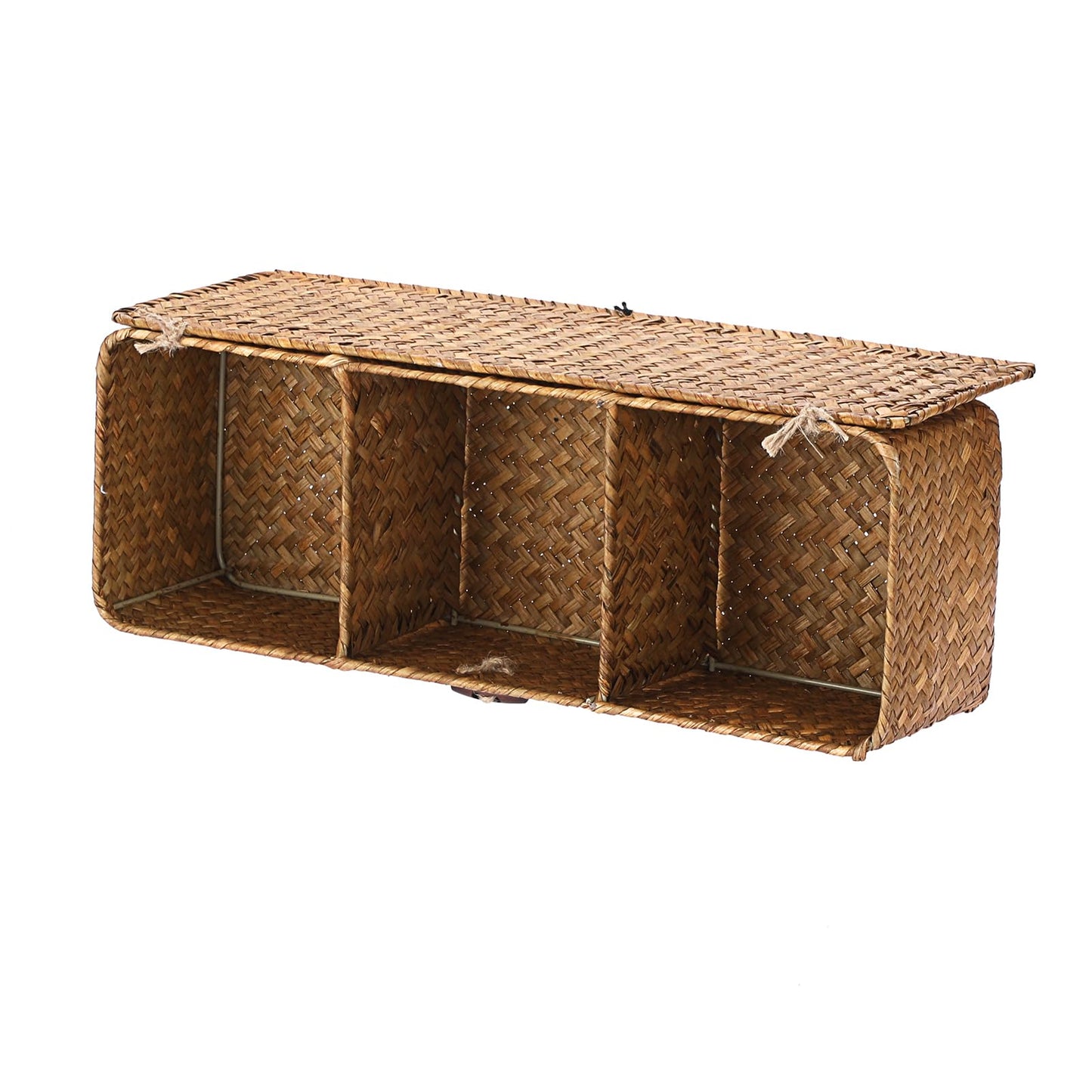 IGNPION 3-Compartment Seagrass Storage Baskets with Lid Woven Seagrass Desktop Basket Bathroom Storage Organiser Box