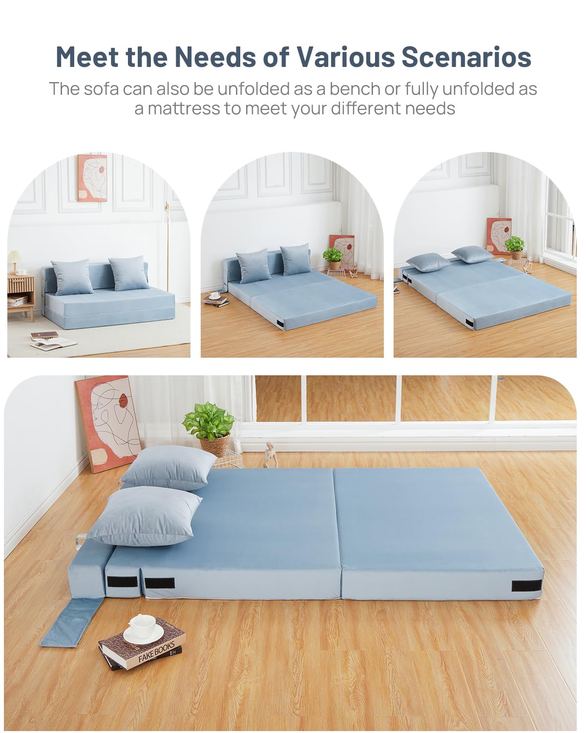 Aptliton 4-in-1 Folding Sofa Bed Double, Fold Out Sofa Couch with Velvet Cover & 2 Cushions, Floor Mattress Lounger for Living Room