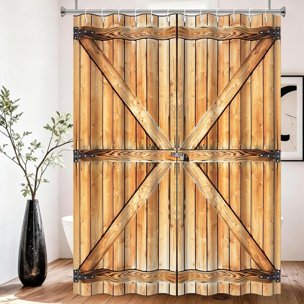 Xiaoterna Rustic Shower Curtain Retro Brown Wooden Door Waterproof Bathroom Curtain Western Country Harvest Farm Barn Machine Washable Mildew