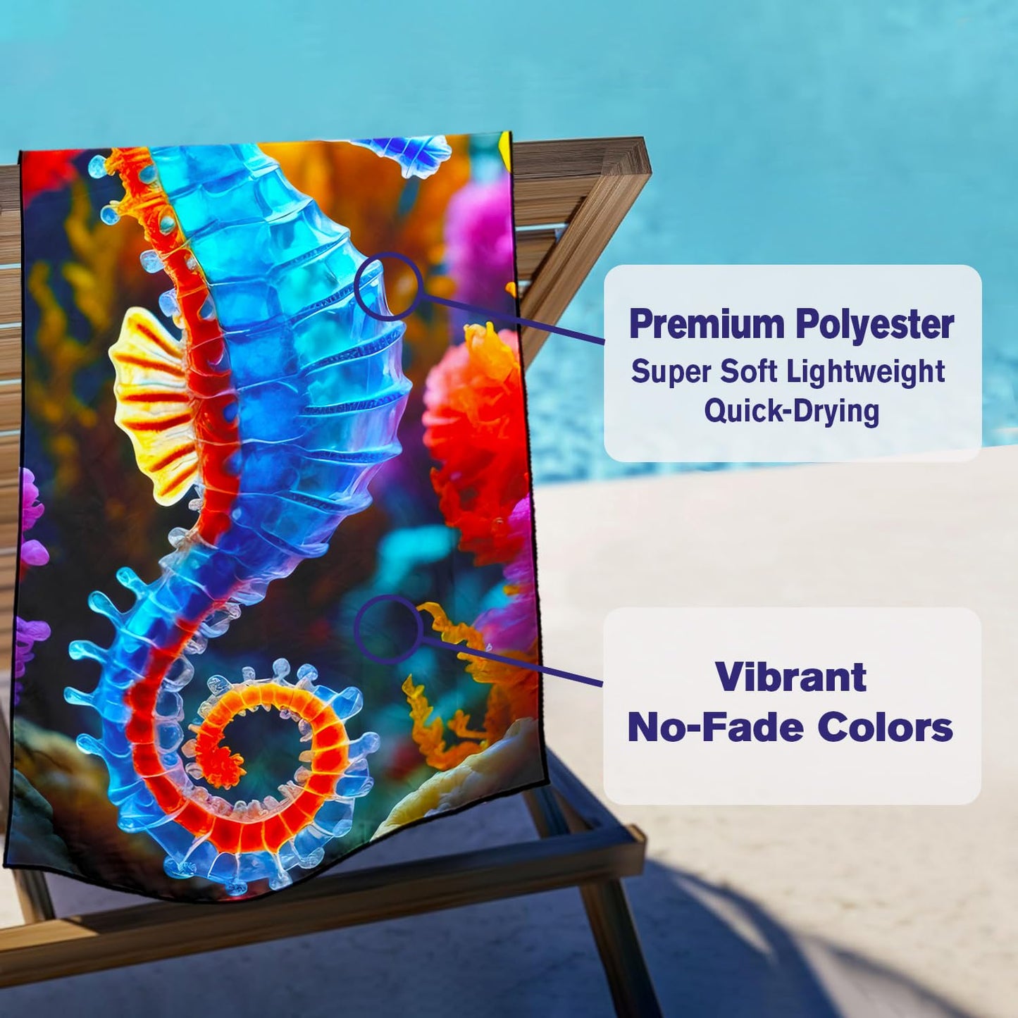 Violetpos Colorful Seahorse Beach Towel, Extra Large 180x90 cm 250GSM Microfibre, Sand Free Quick Dry