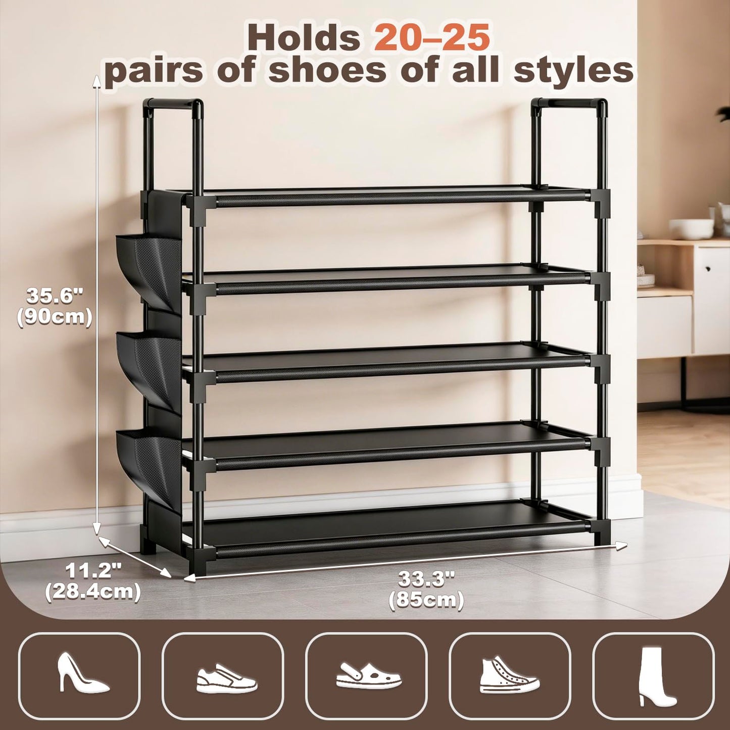OYREL Shoe Rack 5 Tier 20-25 Pairs Shoes, Large Shoe Storage with Side Bag