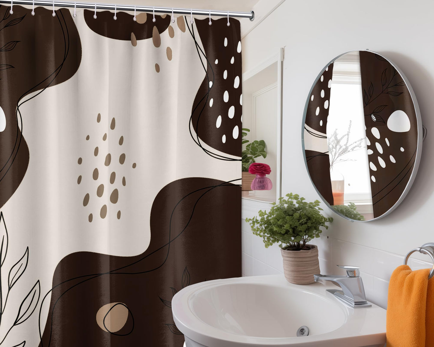 LanZanthic Brown and White Shower Curtains for Bathroom Dark Taupe Chocolate Modern Wet Room Shower Curtain with hooks, Mould Proof Resistant