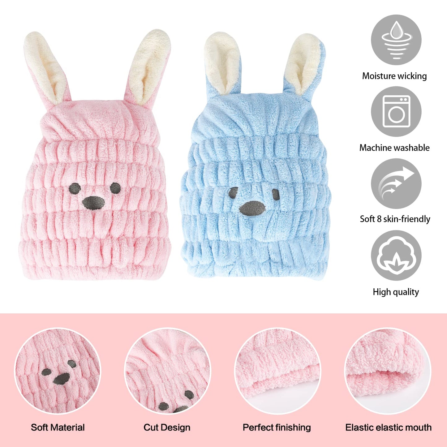 2 Pieces Dry Hair Hat Hair Drying Towels for Women Microfiber Dry Hair Cap with Cute Rabbit Ears Quick Drying Bath Cap Cartoon Hair Turbans Twist