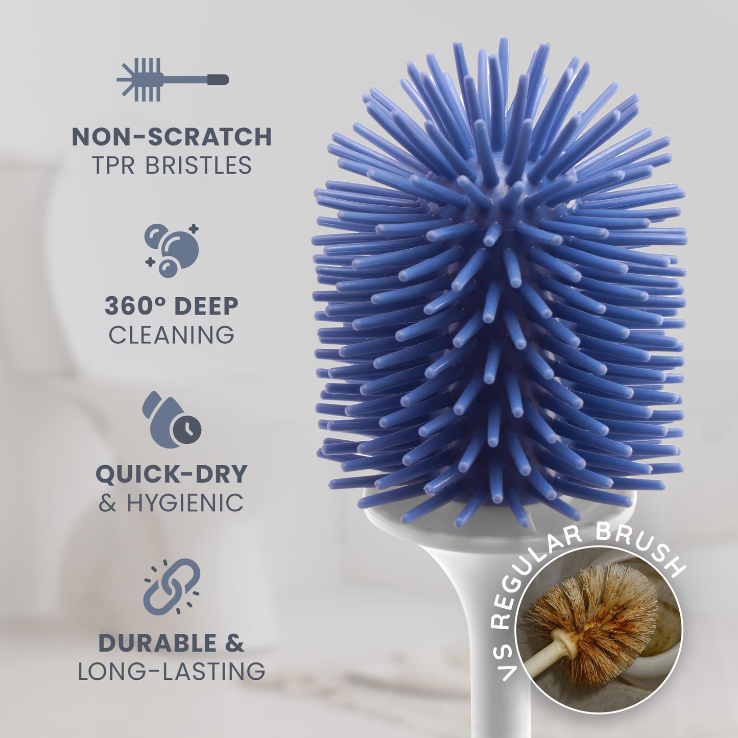 CUQOO Black Toilet Brush | Silicone Head - Plastic Holder Set for Bathroom