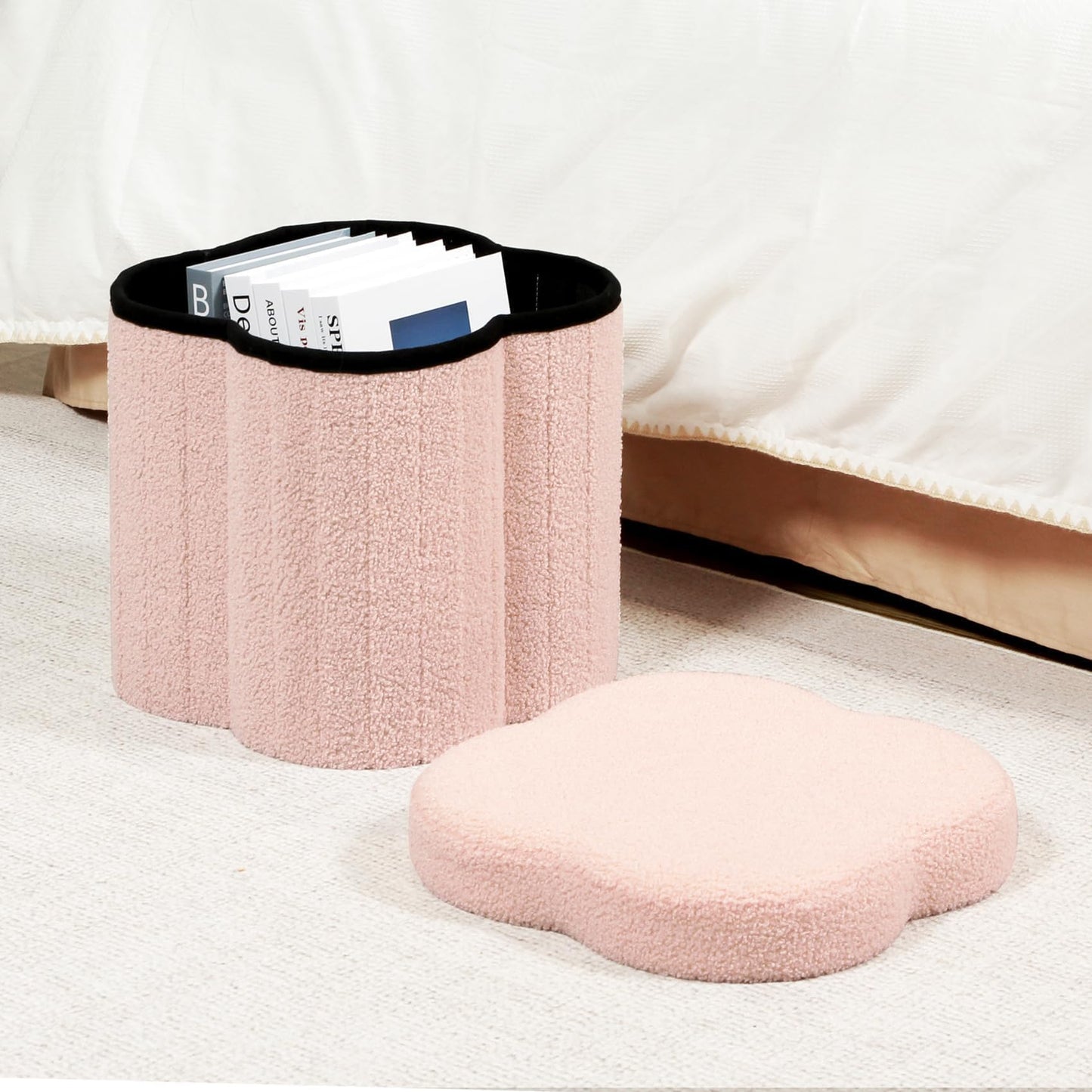 Bonlife Pink Ottoman Storage Box,Folding Storage Seat Box,Small Footstool For Living Room,Kid's Toy Chest Box,Teddy Flower Shape,32x32x32cm
