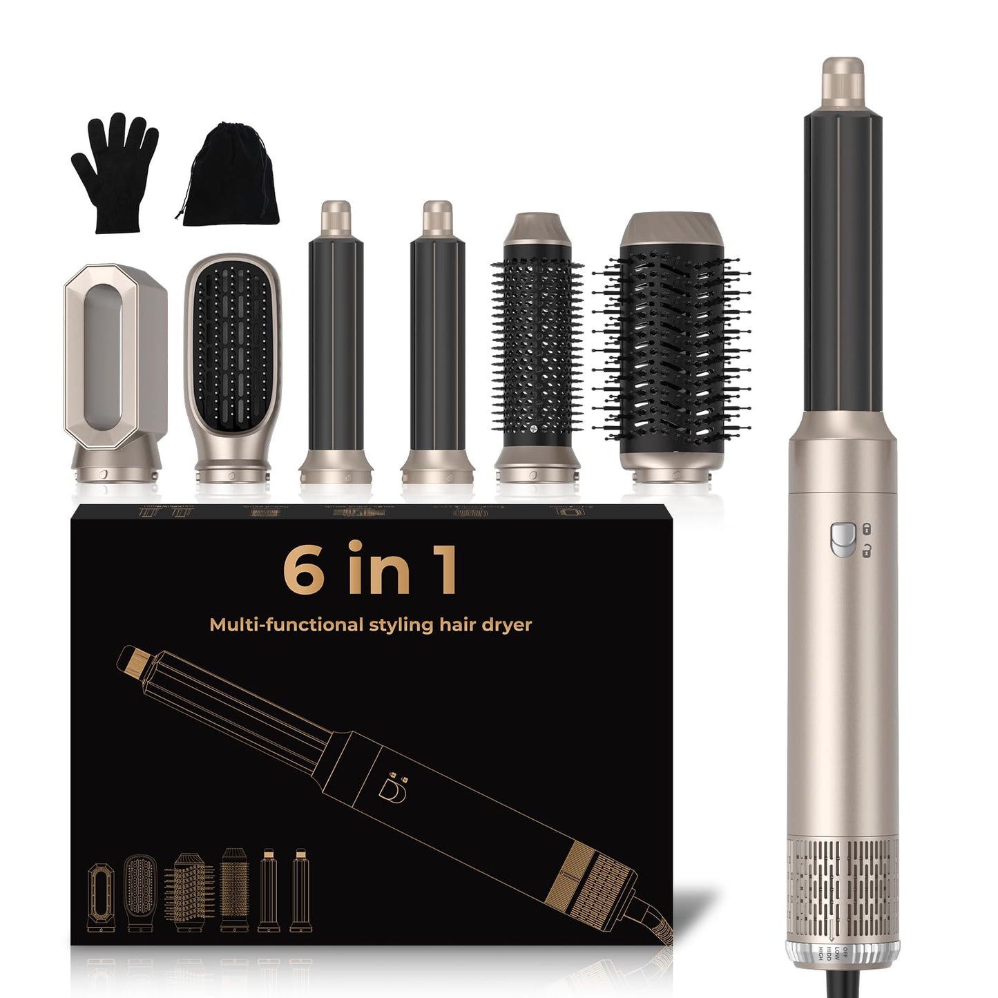 Air Styler 6 in 1, 1000w Hair Dryer Brush,30mm Air Curler, Detachable Multi-Hair Styler Tools for Drying Curling Volumizing Straightening, for Salon