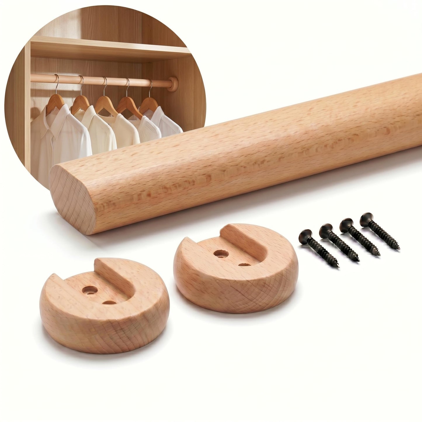Wardrobe Rod, Natural Beech Wood Heavy Duty Closet Rod with 2 Bracket Support And Screws, Easy To Install