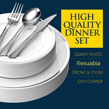 LATERN 150Pcs Multi-Use Silver Plastic Dinnerware Set, 25 x Resuable Dinner Plates, 25 x Salad Plates, 25 x Knives, 25 x Mini Forks, 25 x Spoons, 25 x