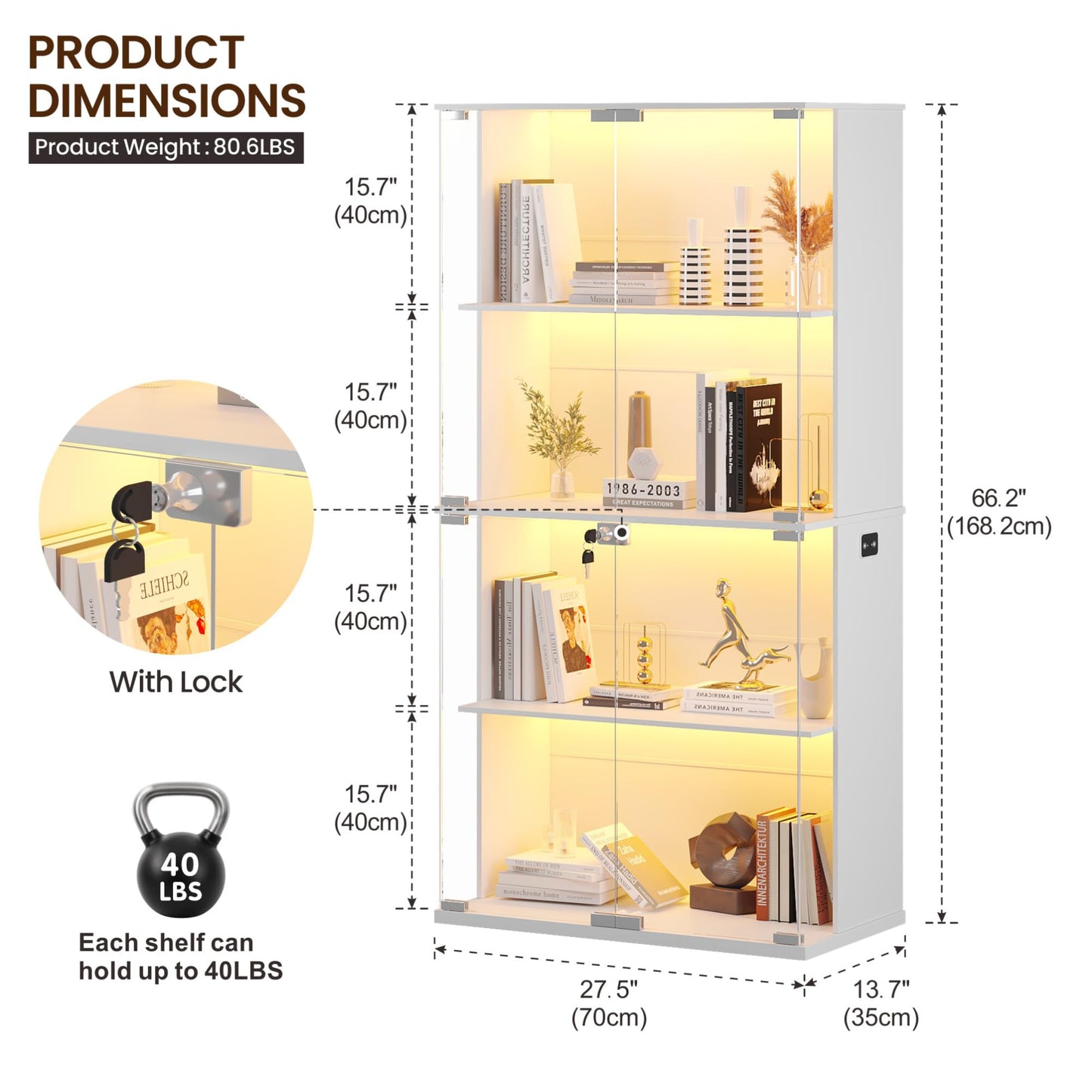 66"Display Cabinets with Glass Doors and Adjustable Shelf for Toys,White