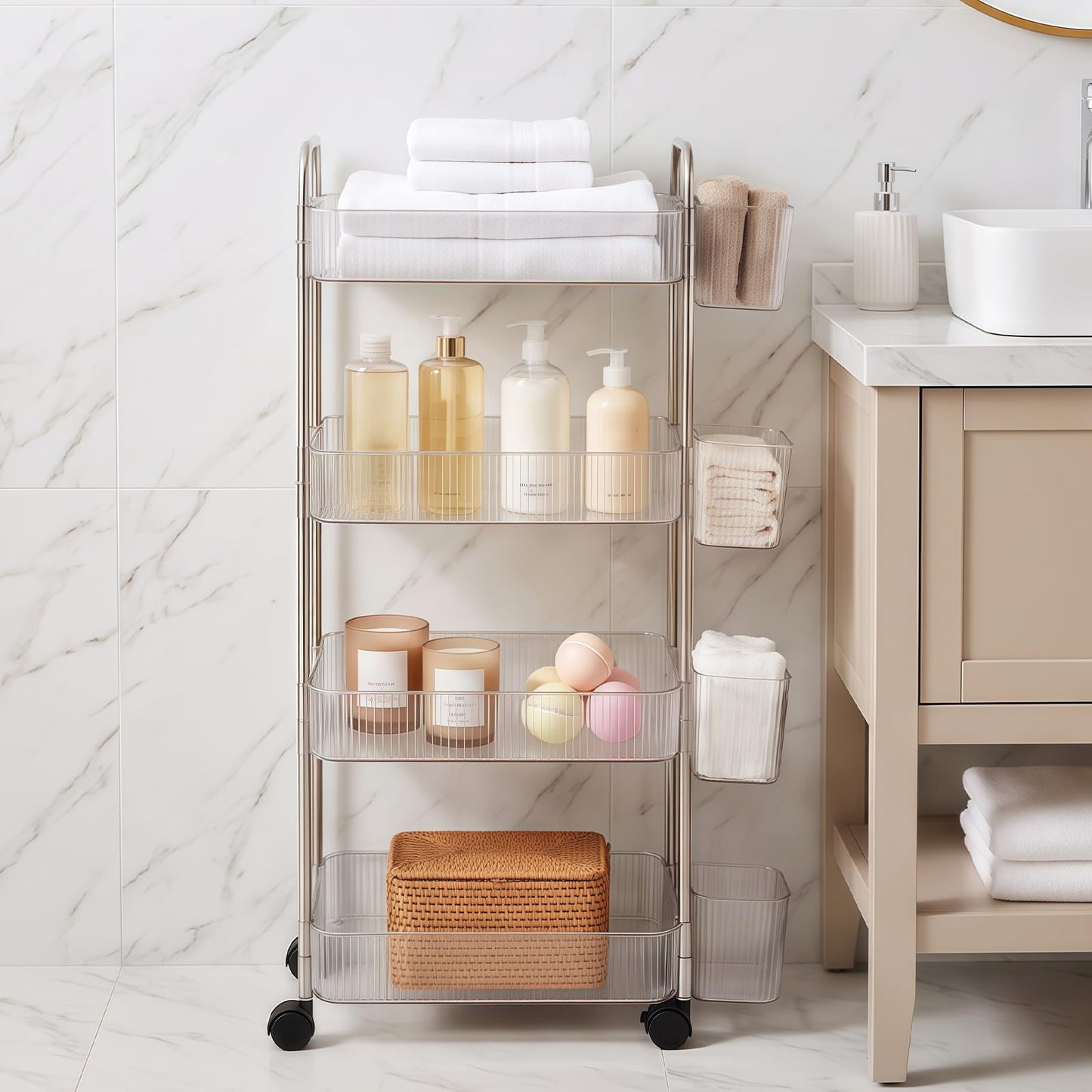 Nidoul 4-Tier Acrylic Rolling Storage Cart,Storage Trolley Lockable Wheels with 4Pcs Extra Hanging Cups Handles for Bathroom,Kitchen Storage and