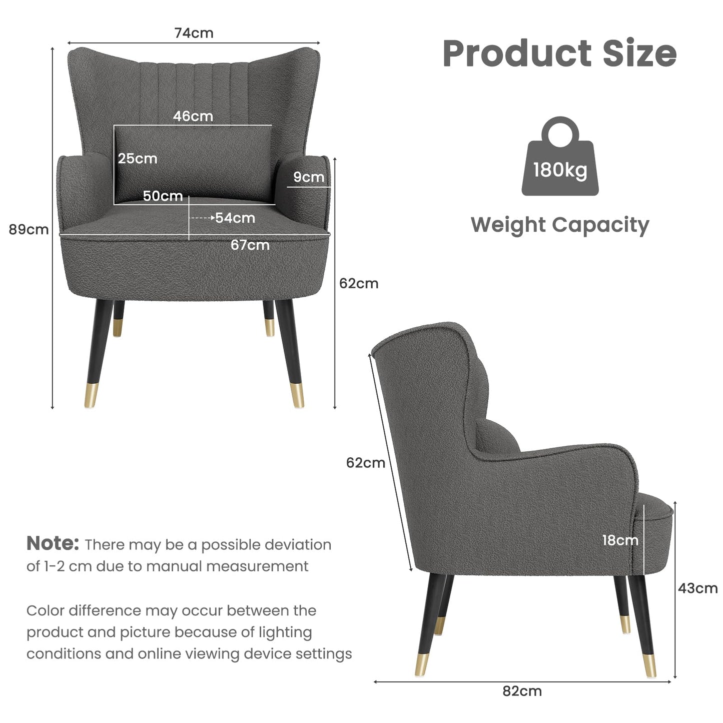 Vesgantti Teddy Accent Chair with Lumbar Pillow, Wing Back Large Armchair