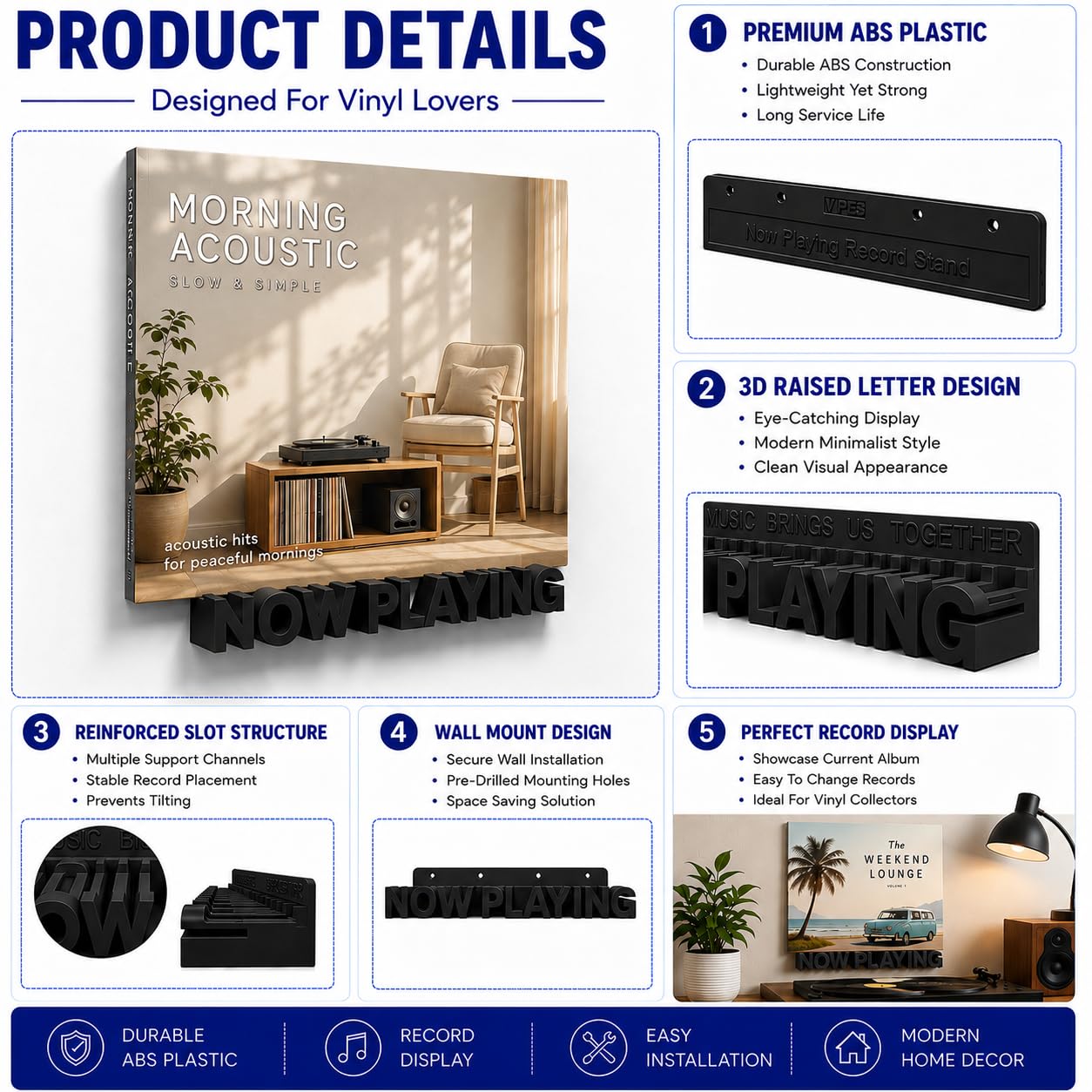 WPESI Now Playing Vinyl Record Stand, Wall Mount Display for Albums, Hanging Record Storage Holder (Black)