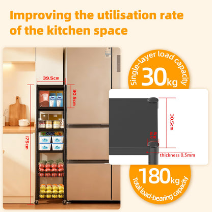 AQRA Kitchen Storage Rack, 12×16×62 inwith castors, 6-Tier Kitchen Shelving with 4 Hooks, Total Load Capacity 395 lbs