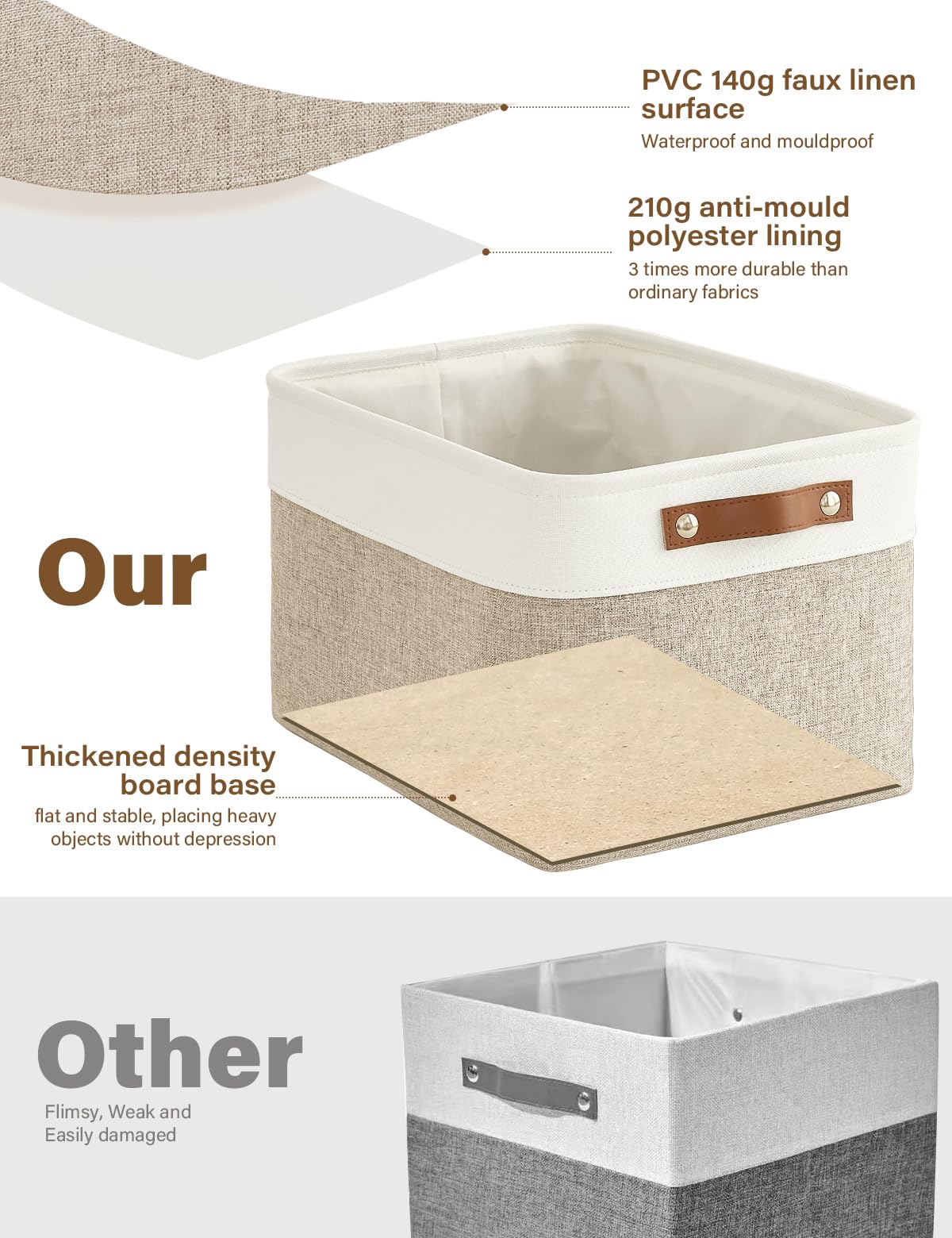 Bagnizer Foldable Storage Baskets for Shelves Closet 2PCS Fabric Small Organizer Box Bins with Handles Waterproof Canvas Box for Clothes, Pet Toys