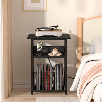 AMHANCIBLE Record Player Stand with Charging Station, Vinyl Record Storage