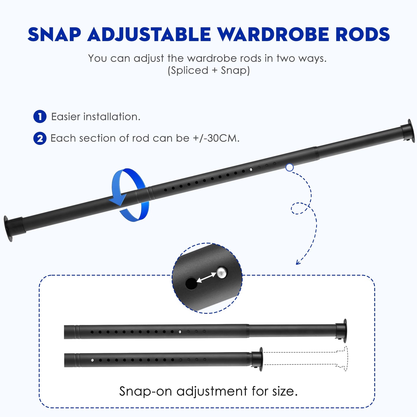 Tiemlet Wardrobe Rods, Black Heavy Duty Extendable Rail, 74-130CM Adjustable Hanging Rail for Wardrobe, Balcony and Clothing Hanging (32MM)
