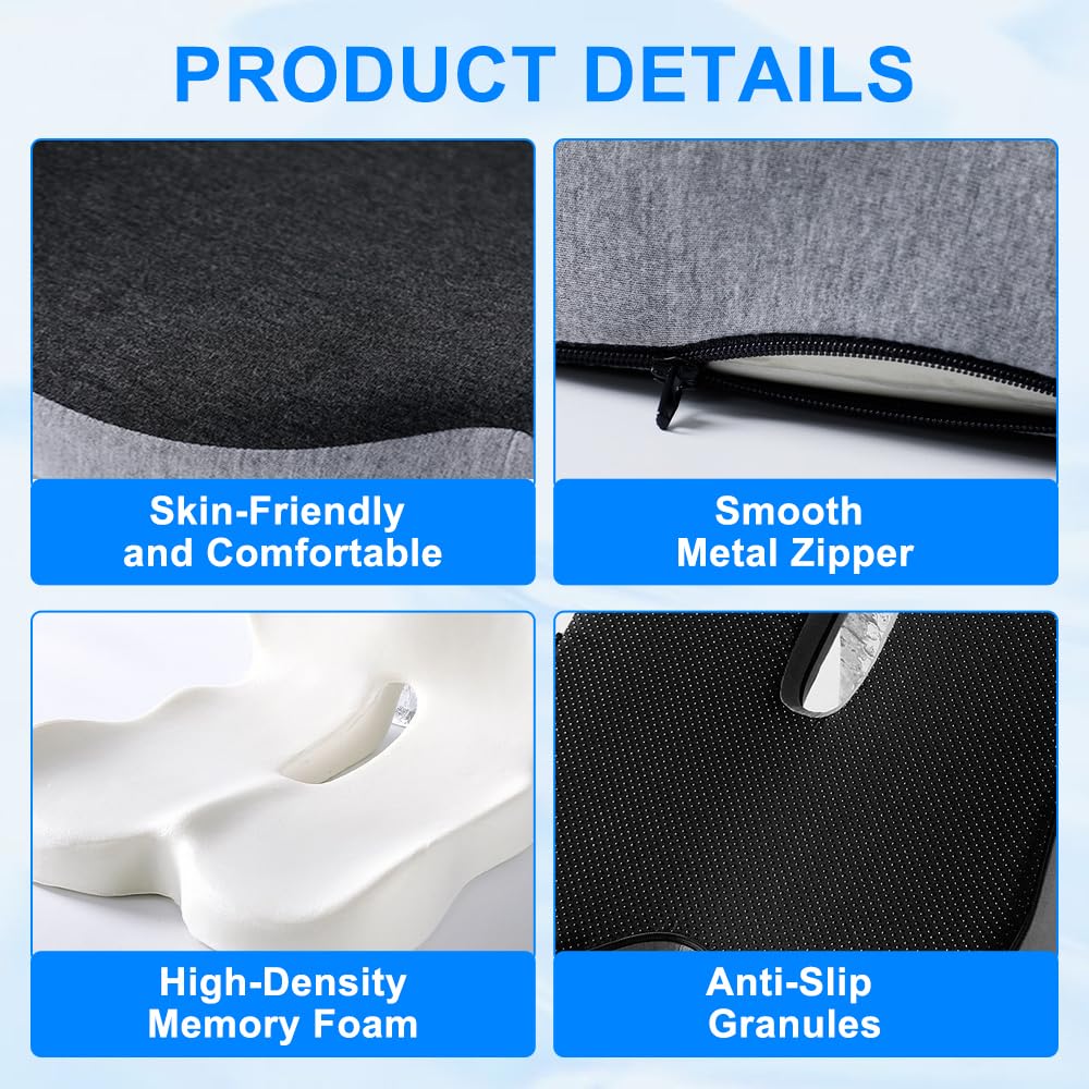 Weciau Memory Foam Seat Cushion, Ergonomic Coccyx Cushion for Tailbone Pain with Non-Slip Base, Detachable Office Chair Cushions for Workers