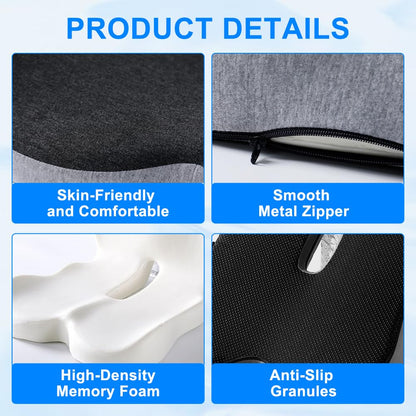 Weciau Memory Foam Seat Cushion, Ergonomic Coccyx Cushion for Tailbone Pain with Non-Slip Base, Detachable Office Chair Cushions for Workers