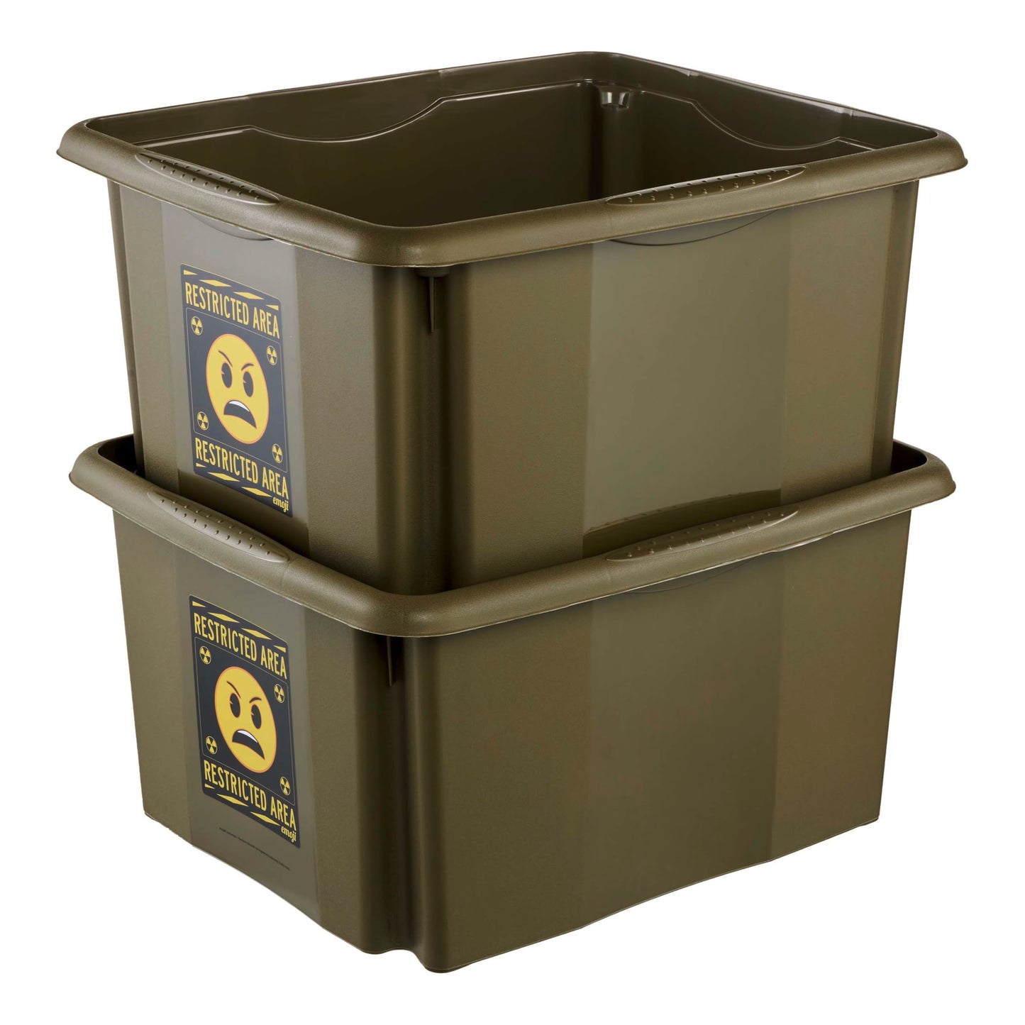 keeeper karolina storage box with lid, 24 l, rotatable and stackable, Emoji Danger design, For children, olive green (Olive)