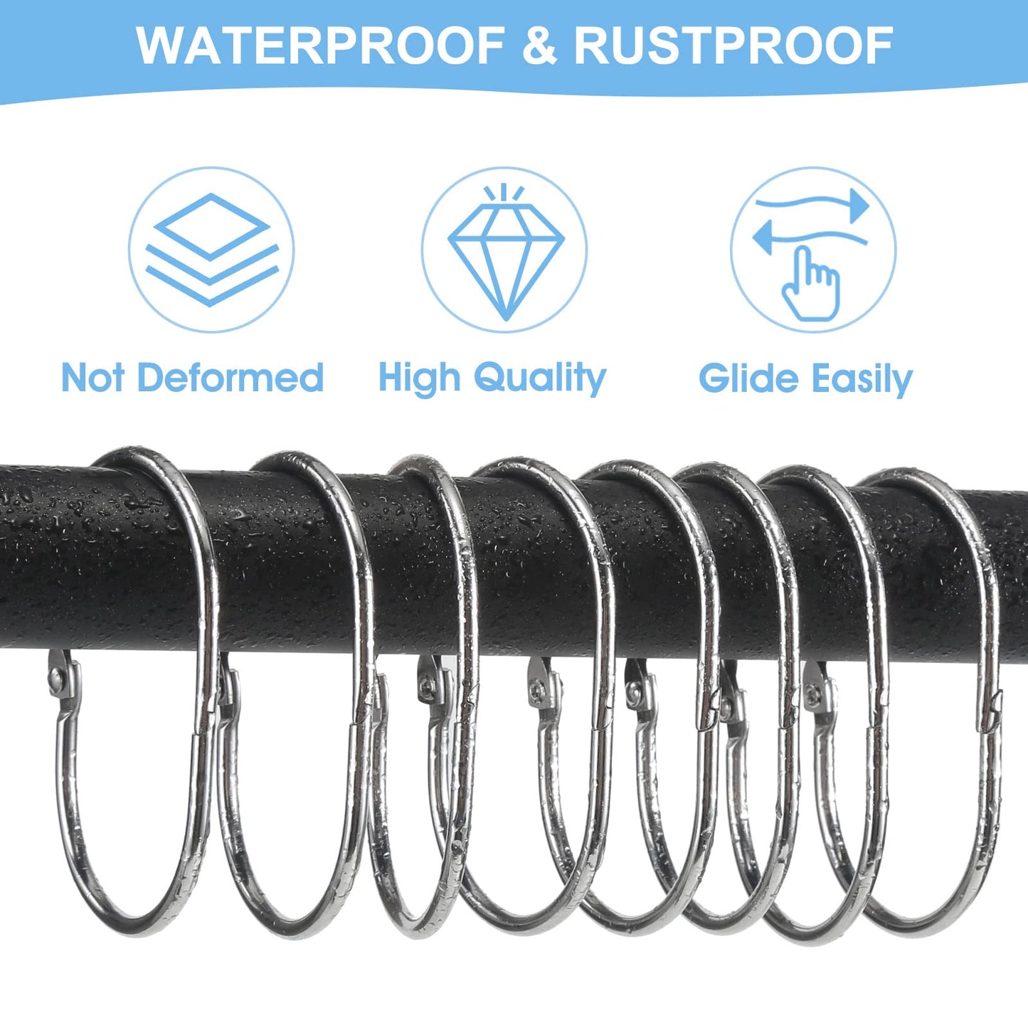 Goowin Shower Curtain Hooks, 12 Pcs Shower Curtain Rings Rust Proof Metal Oval Rings Clasp Closed Shower Curtain Rings for Bathroom Shower Rods