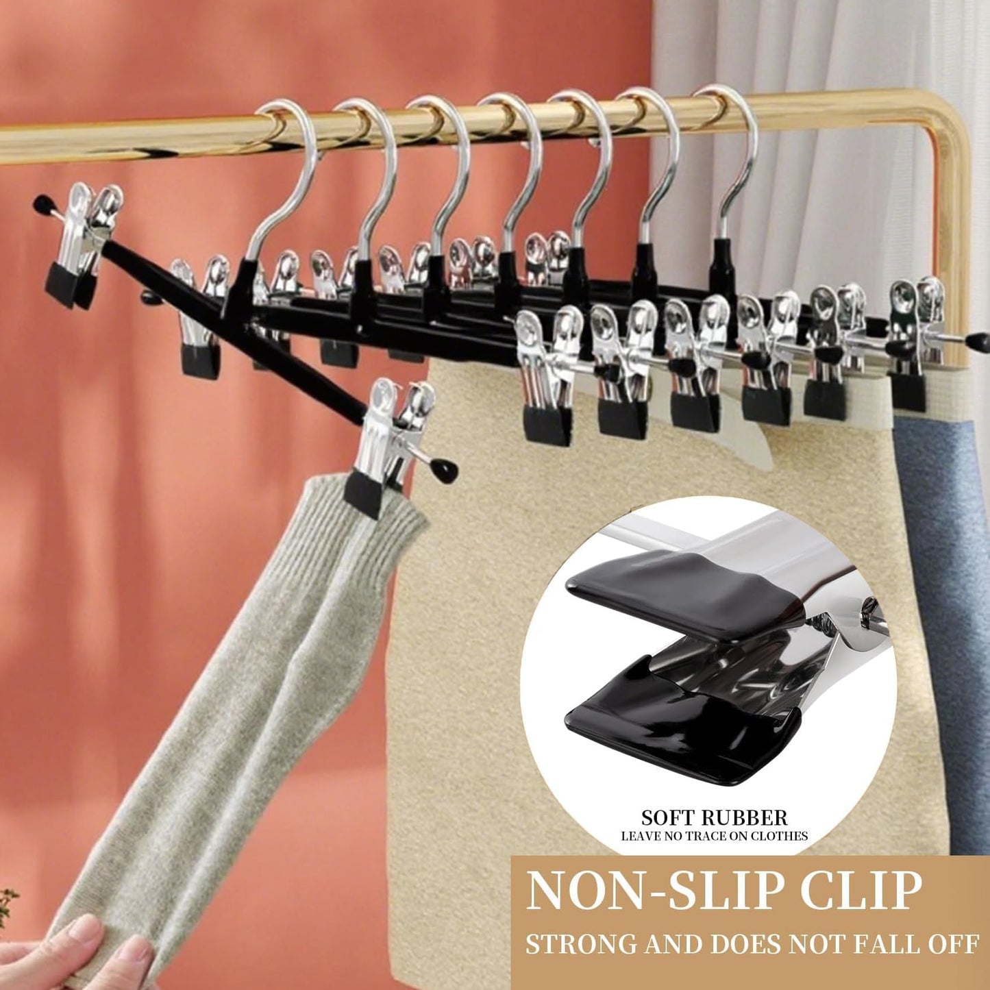 10Pack Trouser Hangers -Skirt Hangers with Adjustable Non Slip Clips Strong Chrome- Space Saving Pant Hangers,Heavy Duty Metal Hangers for Shorts