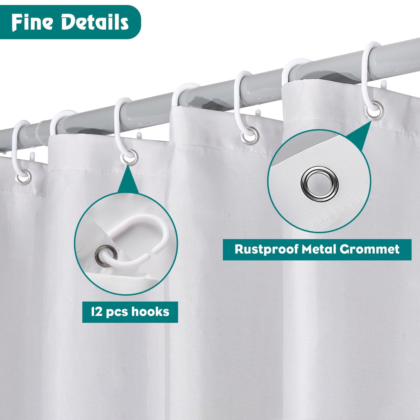 AWIYTE Shower Curtain 180 x 200 cm (71 x 79 Inch), Waterproof Polyester Textile Fabric Machine Washable with 12 Plastic Hooks & Weighted for Bathroom