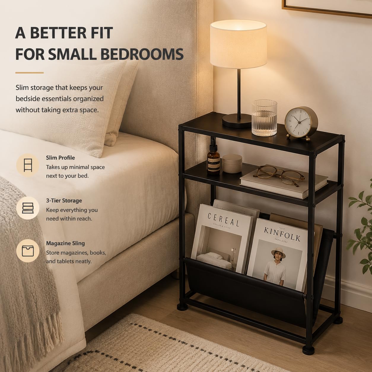 ZEXVIDA Small End Table for Small Spaces - Slim Side Table with Magazine Holder,2 in 1 Design Narrow End Table Living Room,Skinny Bedroom Nightstand