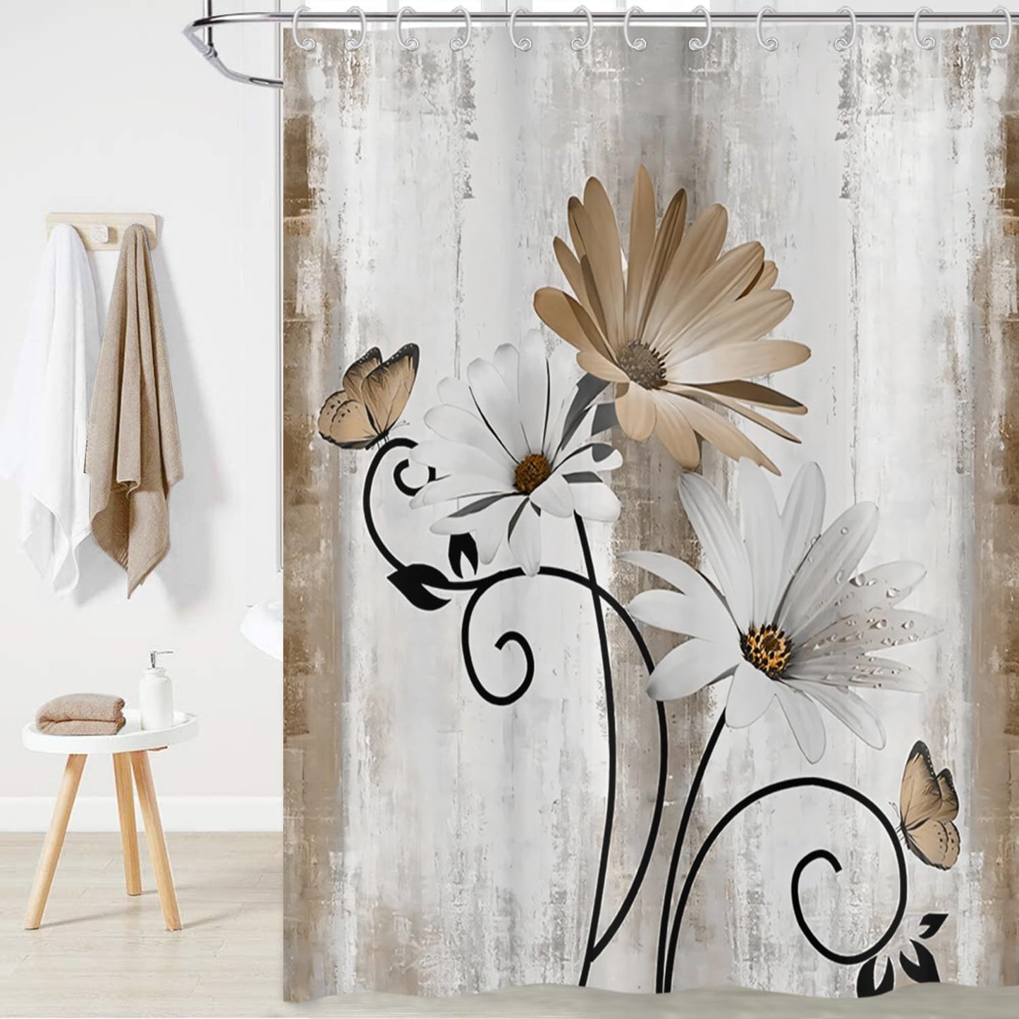 Hnmdmyi Farmhouse Floral Shower Curtain 180x200, Rustic Brown Daisy Flowers and Butterfly on Country Wooden Board Bathroom Curtains Waterproof