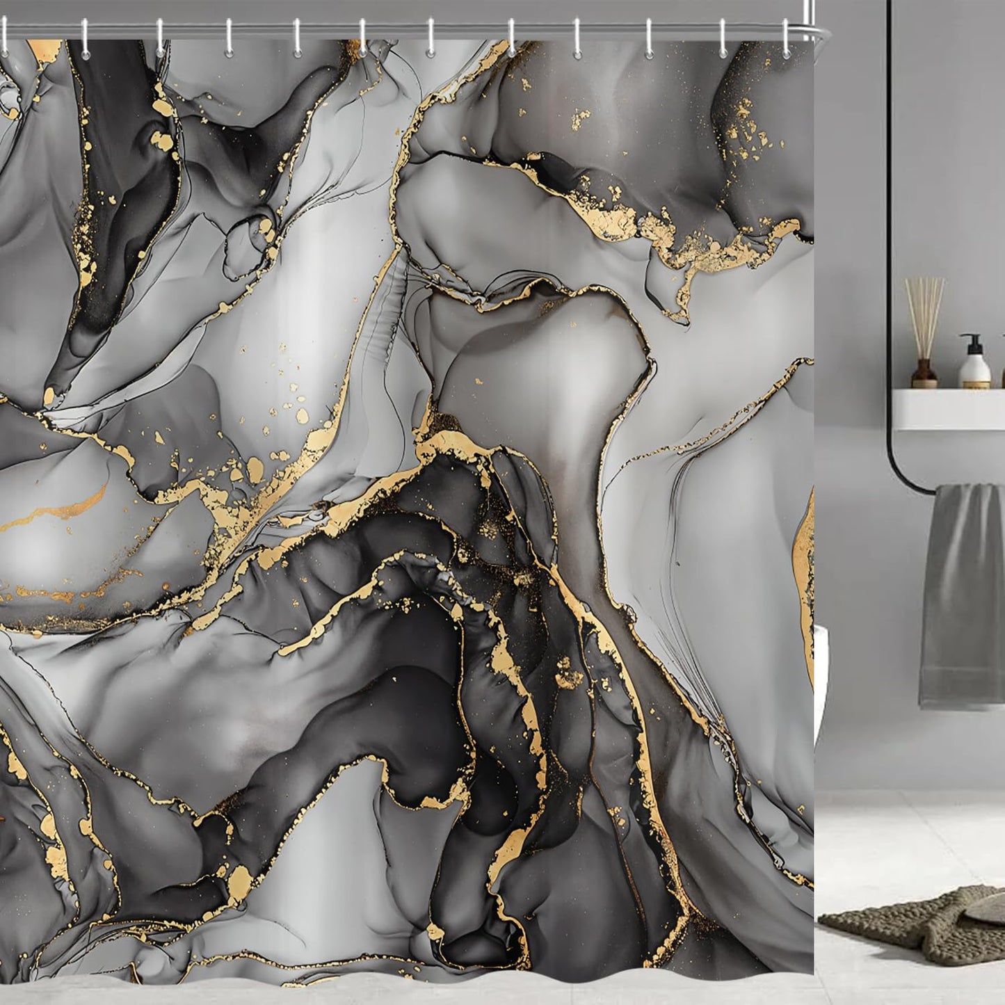 ASDCXZ Black Marble Shower Curtain 180x200 cm, Modern Abstract Art Gray Black Gold Marble Optics Texture Waterproof Bath Curtain Polyester Textile