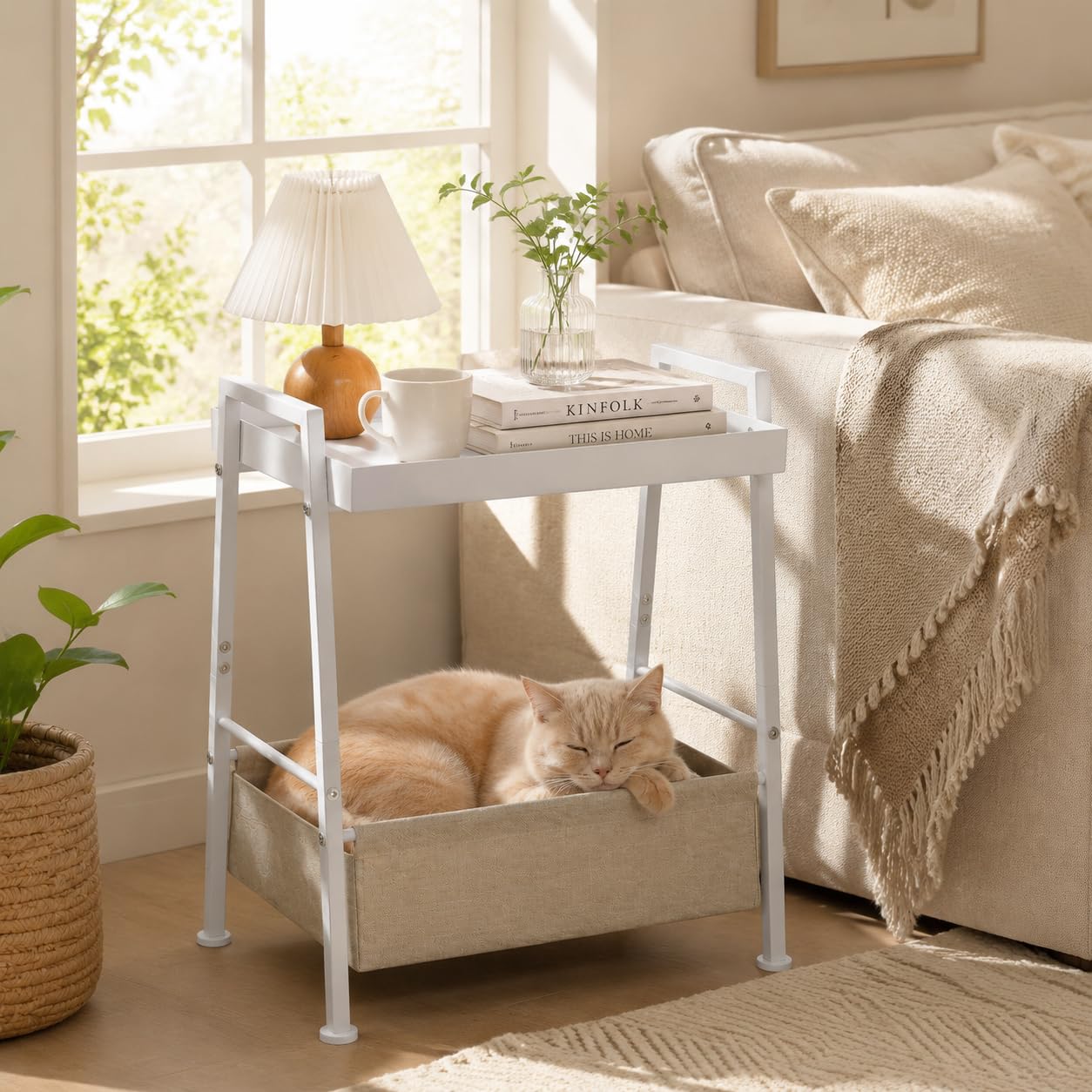 ZEXVIDA Small End Table with Fabric Storage Basket, 2-Tier Modern Metal Side Table with Tray Top