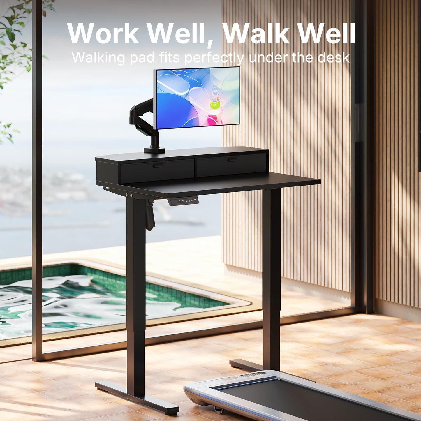 HUANUO Standing Desk with Drawers, 80x53cm, Black