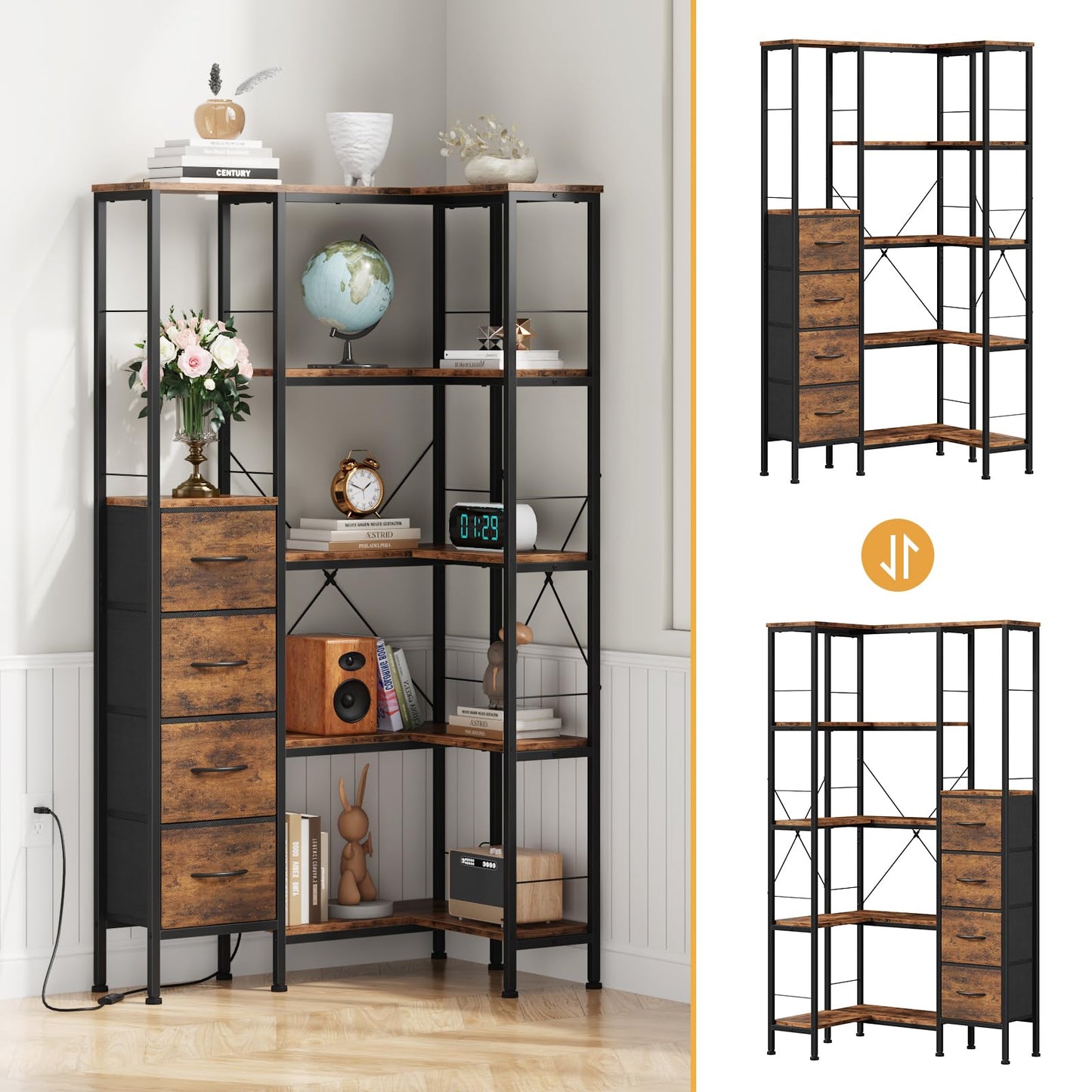 Corner Bookshelf Unit with 4 Fabric Drawers & LED Light, 5-Tier, Rustic