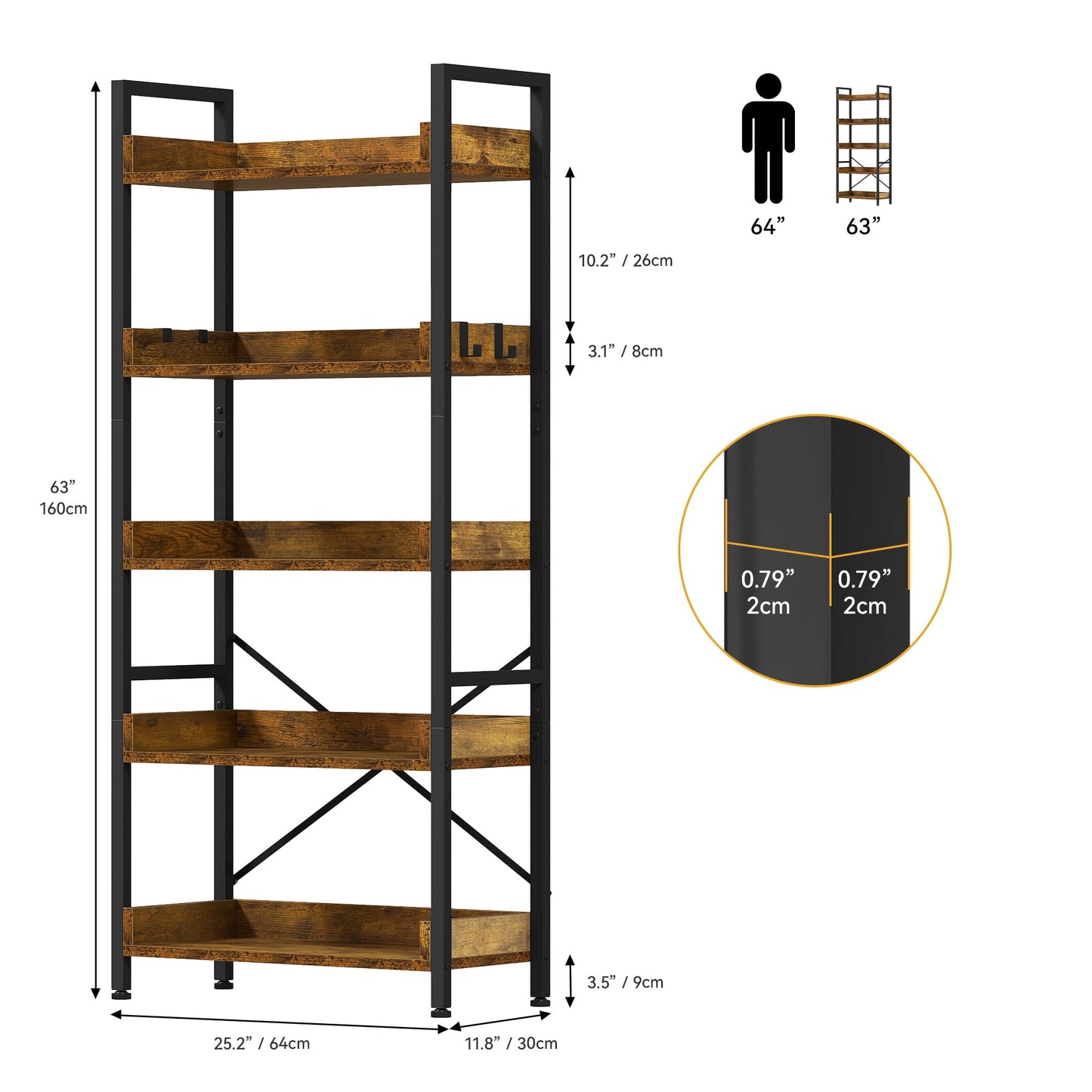 DWVO Tall Bookcase 5 Tiers, Floor Standing Industrial Book Shelf 64cm Wide 160cm High Large Book Case Wooden Shelf and Metal Shelving Unit Display