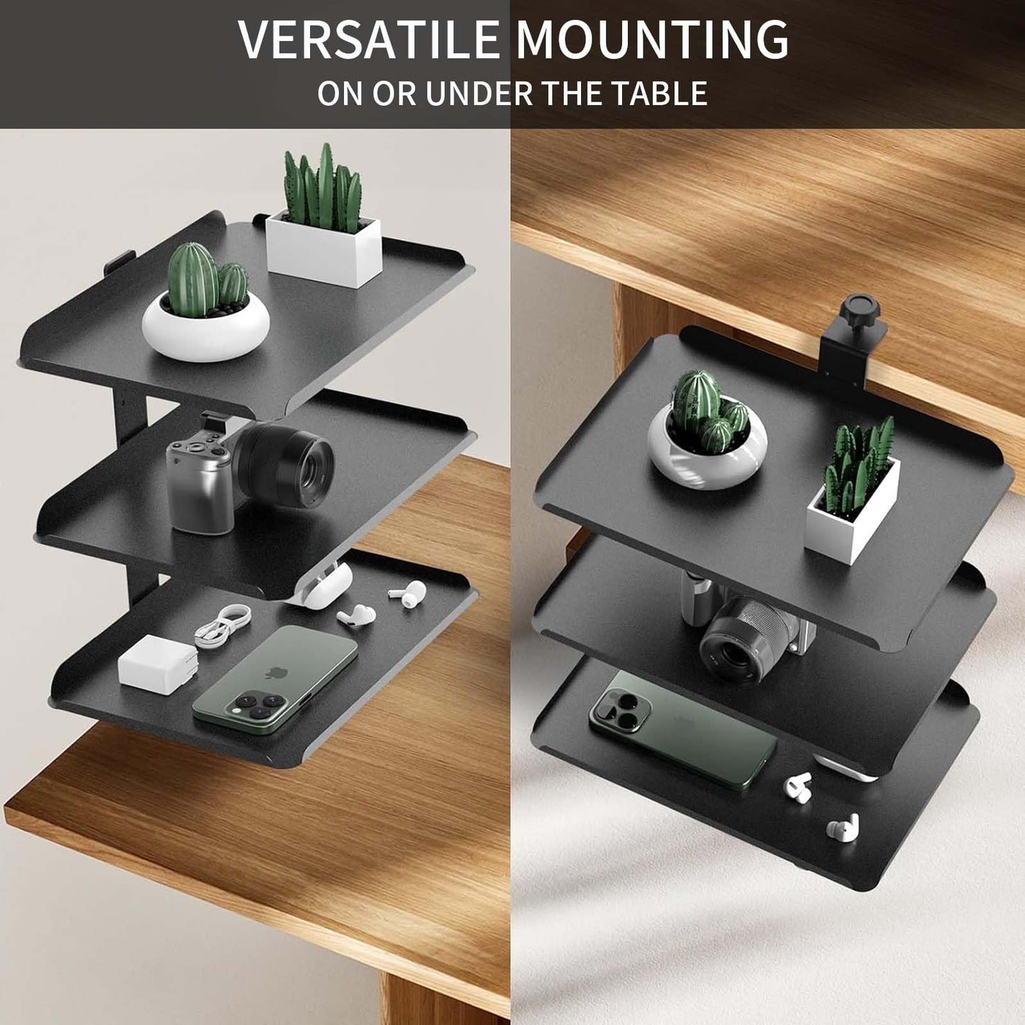 Clampable Desk Organiser Shelf, 3 Tier Bookshelf, Desk Storage Rack, Desktop or Under with Adjustable Metal Tray Headphone Stand