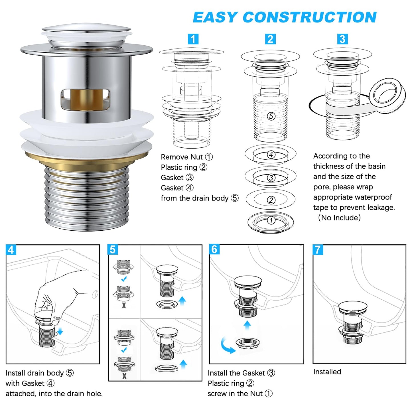 Ainiv Pop Up Sink Plug, Drain Fitting Sink With Overflow, Brass Pop Up Drain Valve for Washbasin Drain Fitting Bathroom Sink with Stainless Steel