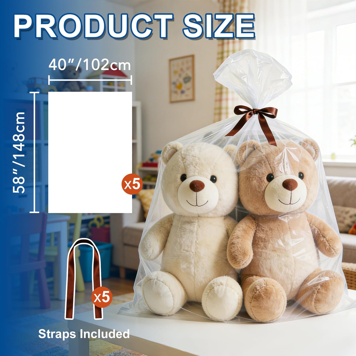 5-Pack Jumbo 100x150cm Clear Plastic Storage Bags with Ties, 2 Mil Heavy-Duty Protection for Oversized Items, Car Seats, Strollers, Suitcases