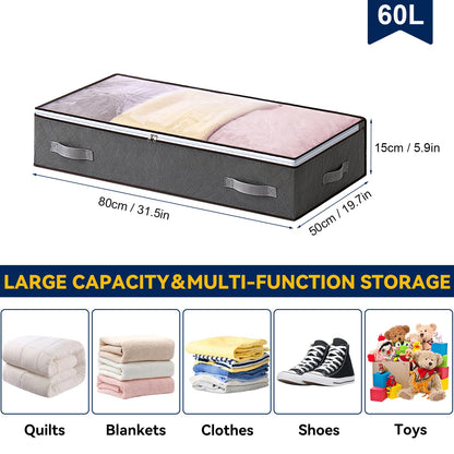AIOR 2PCS 60L Underbed Storage Bags with Viewing Window, Foldable Container Closet Organizer Bags for Clothes, Comforters, Blankets, Bedding