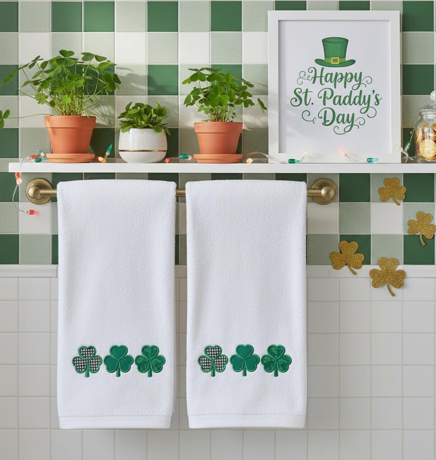 Serafina Home St. Patrick's Day Irish Hand Towels: Two Toned Green Shamrock Clover Embroidery, 100% Cotton, White (Clover)