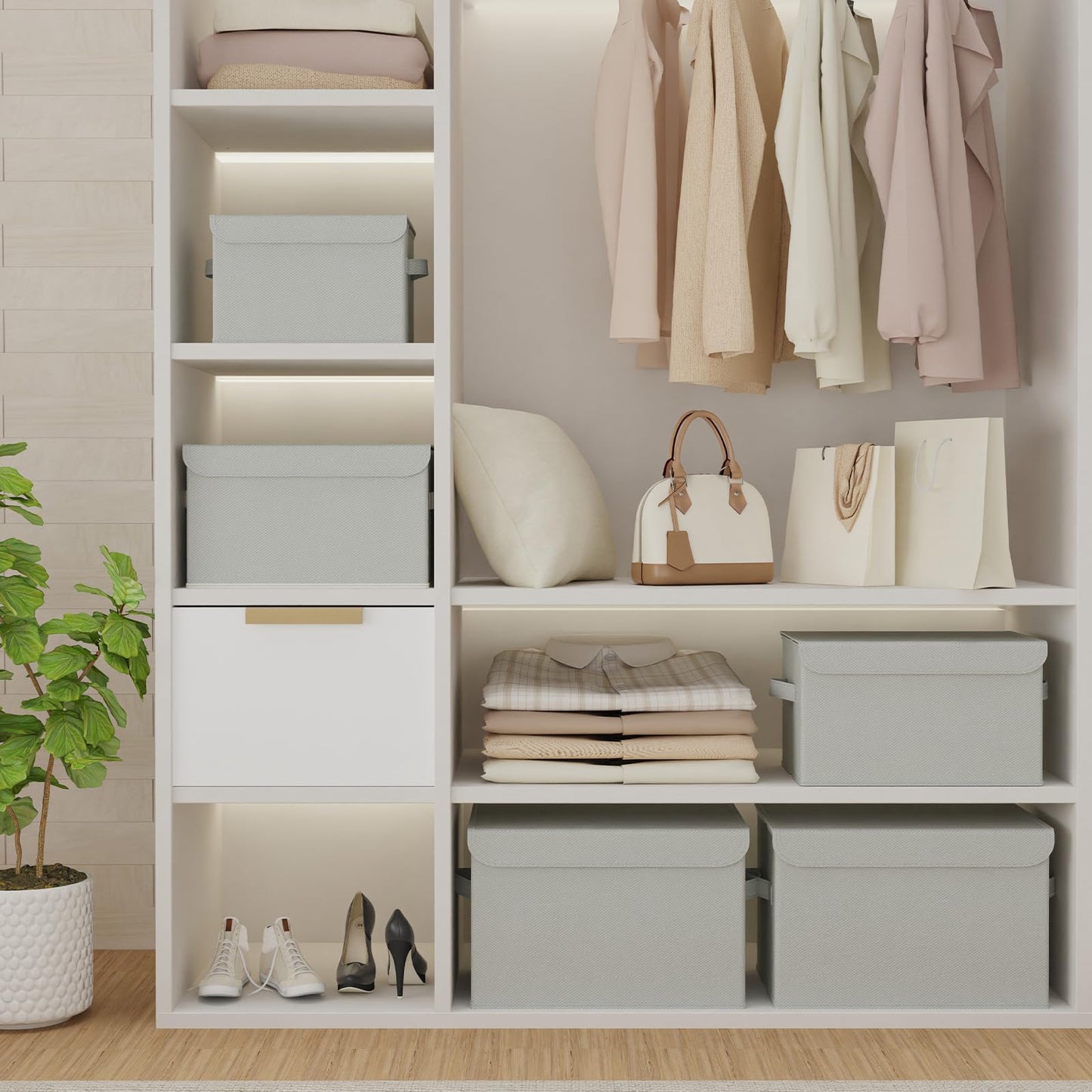 GUOHNHE Storage Bin with Lid, Closet Boxes, 4 Pack, Grey, 26x20x17 cm