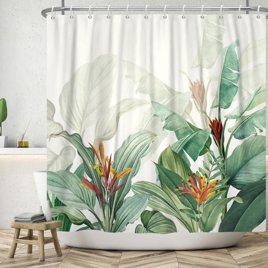 ASDCXZ Leaves Shower Curtain 180x180 cm, Hand Painted Tropical Green Leaves Red Yellow Flowers White Bath Washable Shower Curtains Polyester Textile