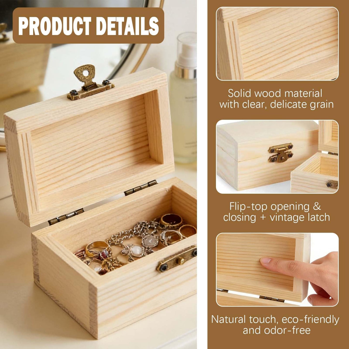 Vrexziy 3Pcs Unfinished Wooden Boxes, Wooden Box with Hinged Lid, DIY Craft Storage Organizer Box Pine Wood Small Wood Crate Boxes for DIY Craft Home
